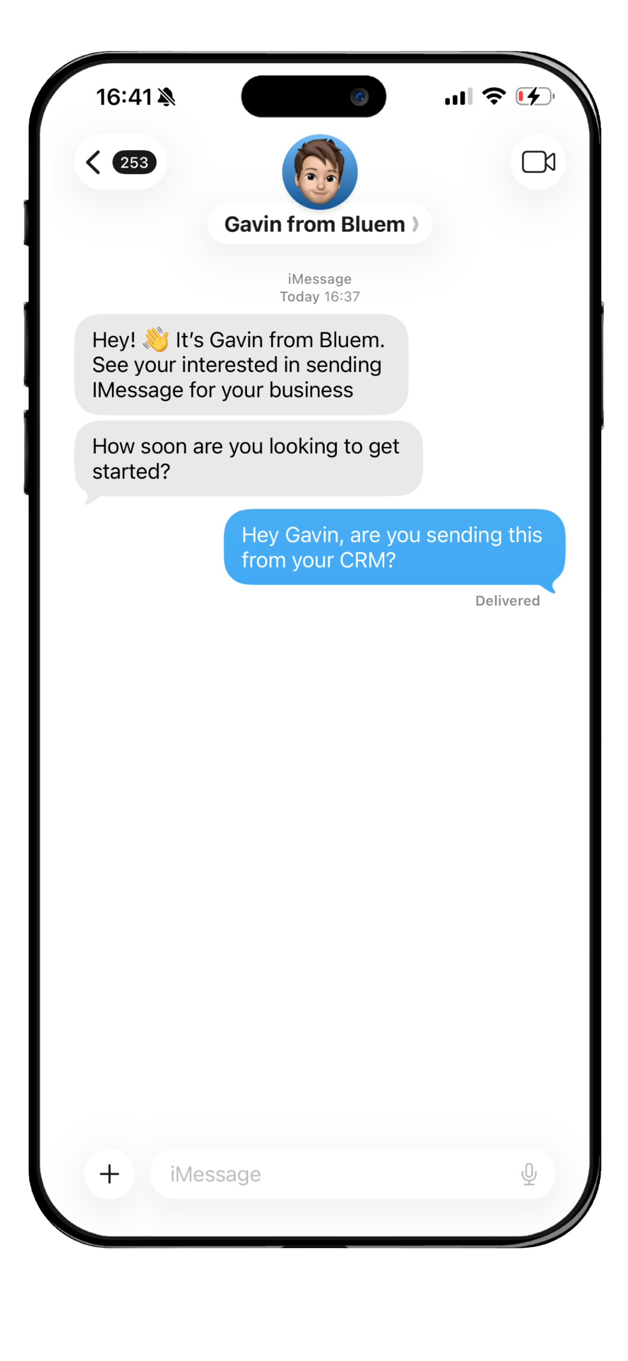 iPhone showing Bluem iMessage conversation